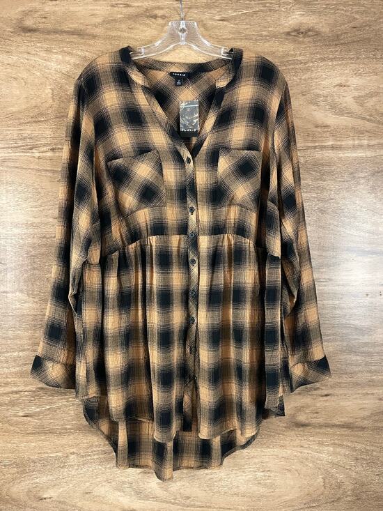 torrid Tops - Torrid Brown Black Plaid Babydoll Long Sleeve Tunic Shirt Top NWT Size 2 2X